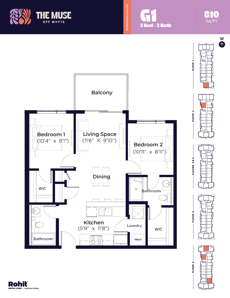 Floor plan for 2 beds, 2 baths, 810 sqft